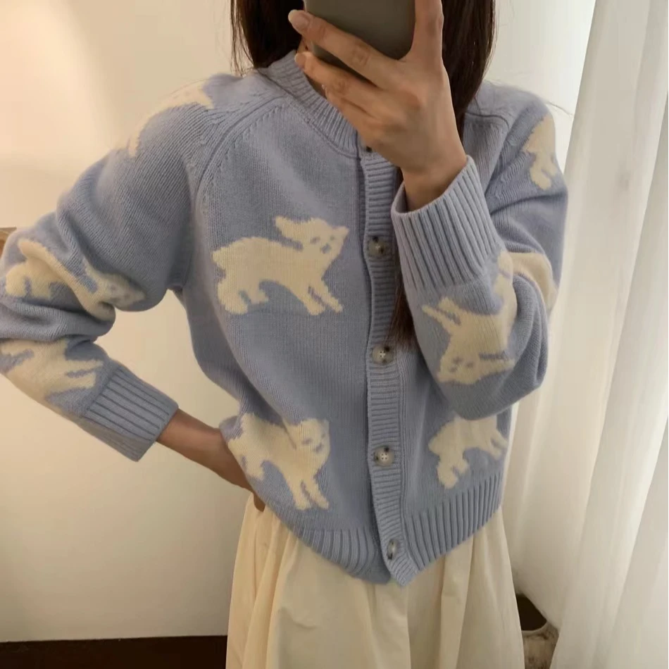 【YIYI】小羊乐园~韩版全羊毛撞色小羊提花百搭针织开衫