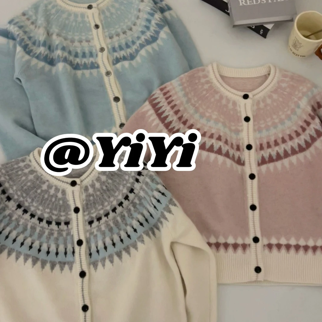 【YIYI】玫瑰海~韩系新款复古花海费尔岛开衫长袖