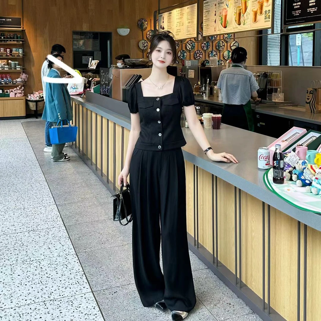 LUOZHIYIN/罗知音T19648Z百搭短袖上衣夏季T+直筒高腰休闲阔脚裤