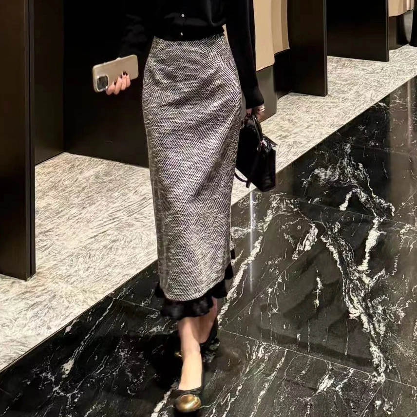 LUOZHIYIN/罗知音D210782Z中高腰花边气质中长款半身裙百搭半身裙