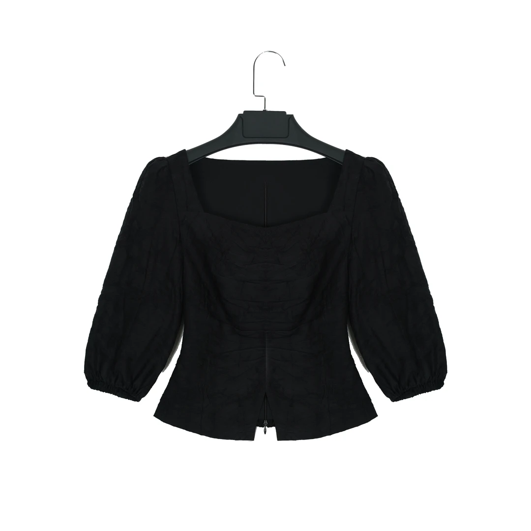 LUOZHIYIN/罗知音T19744F短袖气质衬衫方领T恤上衣纯色短袖衬衫