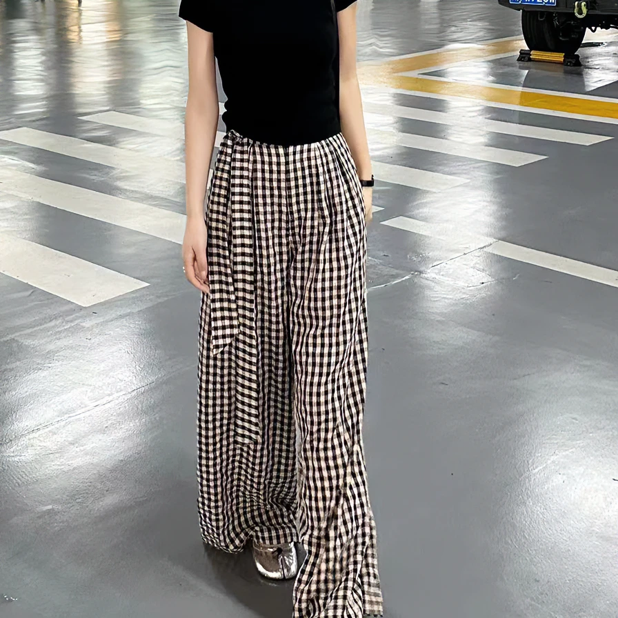 LUOZHIYIN/罗知音【P19615Z】高腰格子时尚休闲百搭直筒阔腿裤