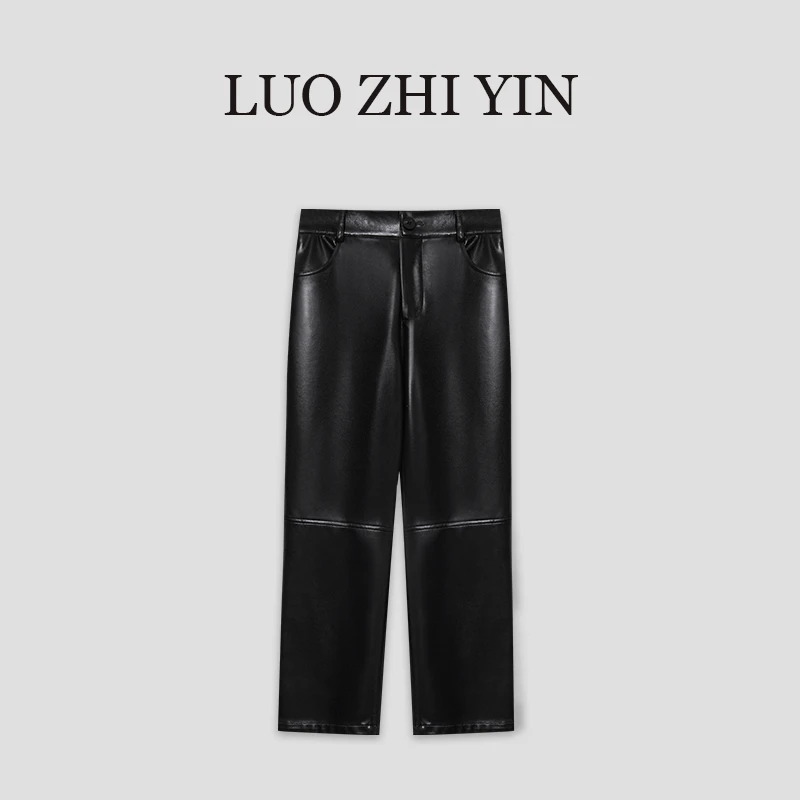 LUOZHIYIN/罗知音P48591Z直筒皮长裤设计师轻奢黑色休闲裤