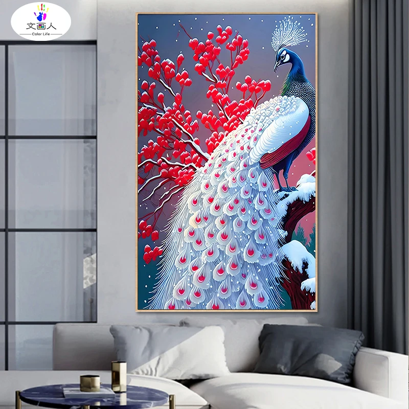 文画人新款孔雀竖版玄关diy数字油画手工填色客厅卧室装饰挂画