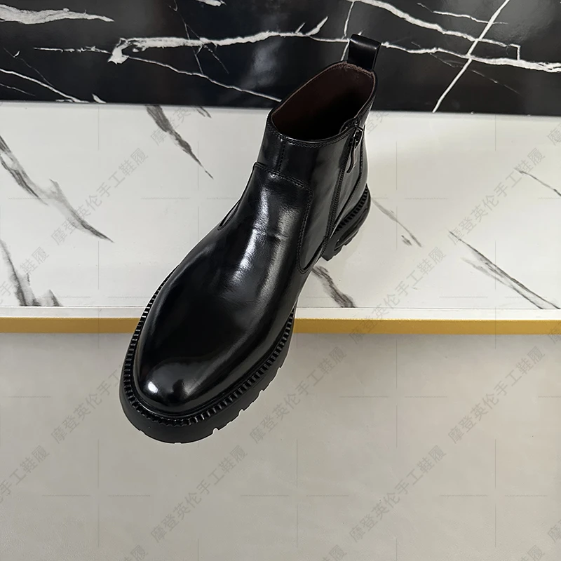 秋冬新款切尔西男士踝靴厚底百搭手抓纹高帮皮鞋男商务休闲皮靴男