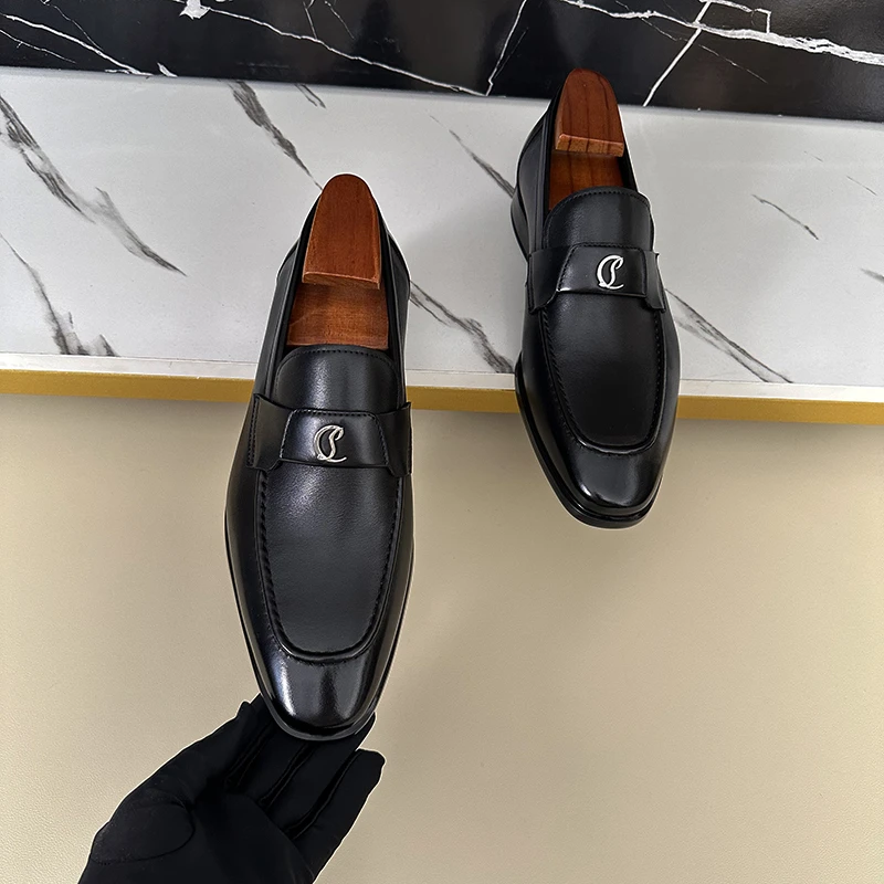 英伦风新款商务正装一脚蹬皮鞋男款乐福鞋真皮软面百搭黑色男皮鞋