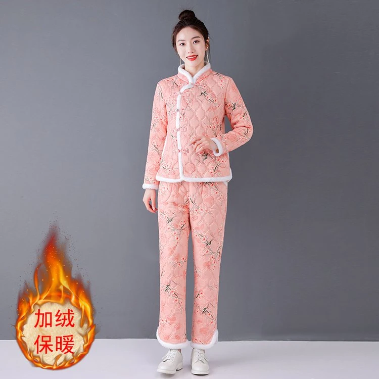 新中式冬季新款妈妈装加绒加厚保暖棉衣两件套装减龄显瘦棉袄套装