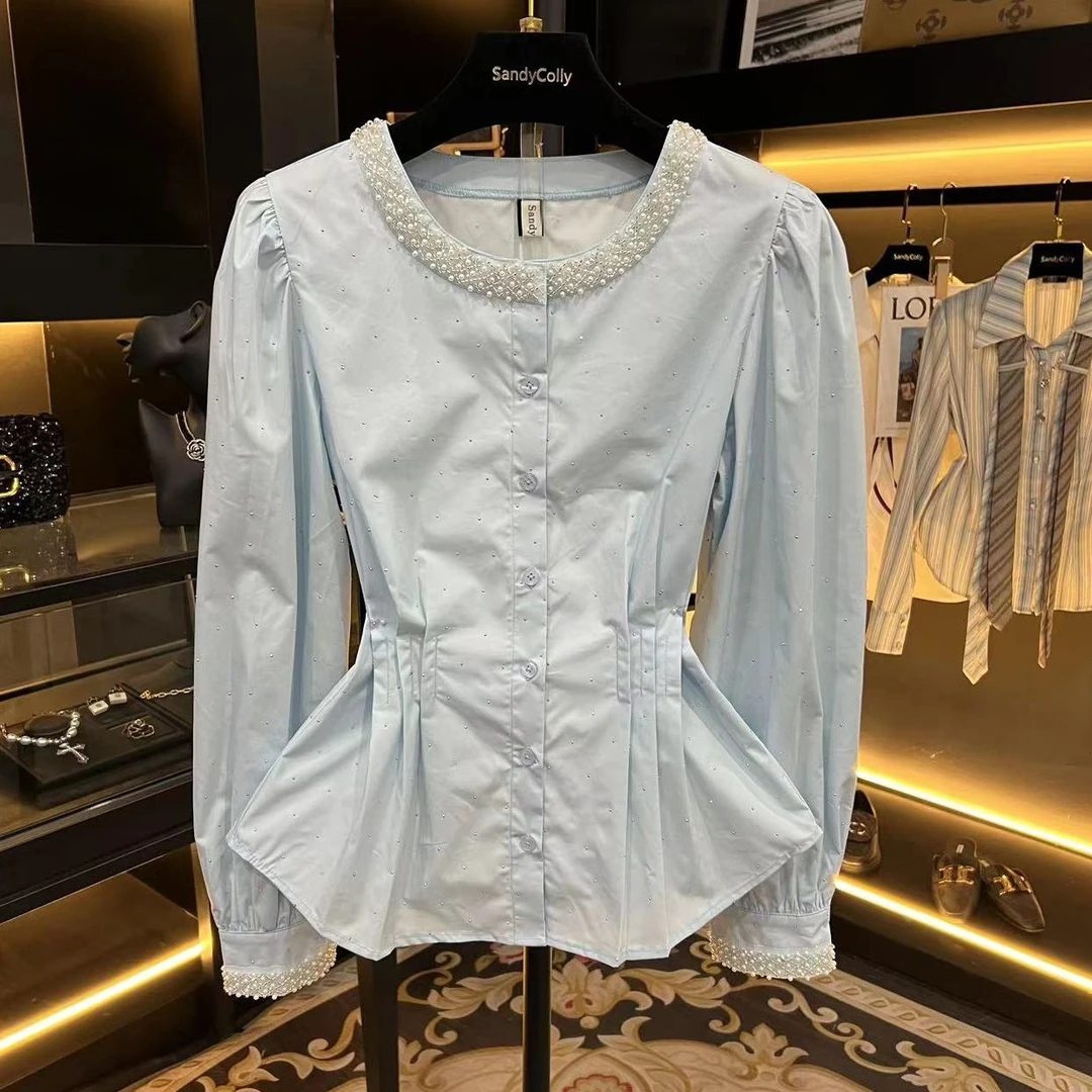 【2025春款】气质洋气显瘦收腰褶皱烫钻设计感衬衣 3012