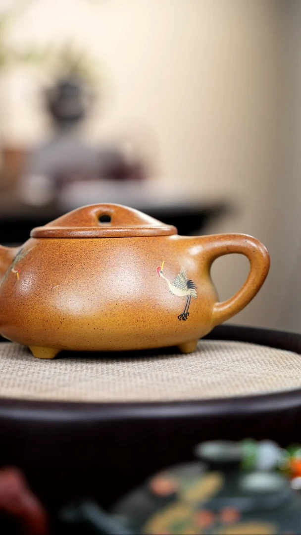 【闪购商品】紫砂茶壶柴烧黄金段景舟石瓢泥绘仙鹤