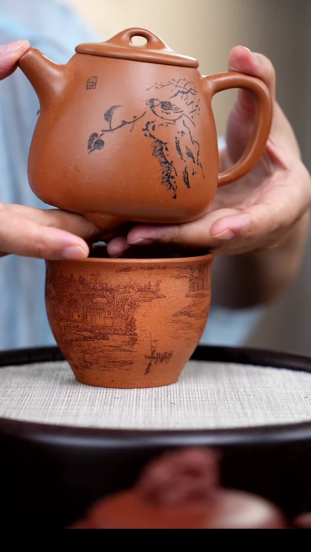 【闪购商品】紫砂茶壶花鸟高石瓢+杯子 许