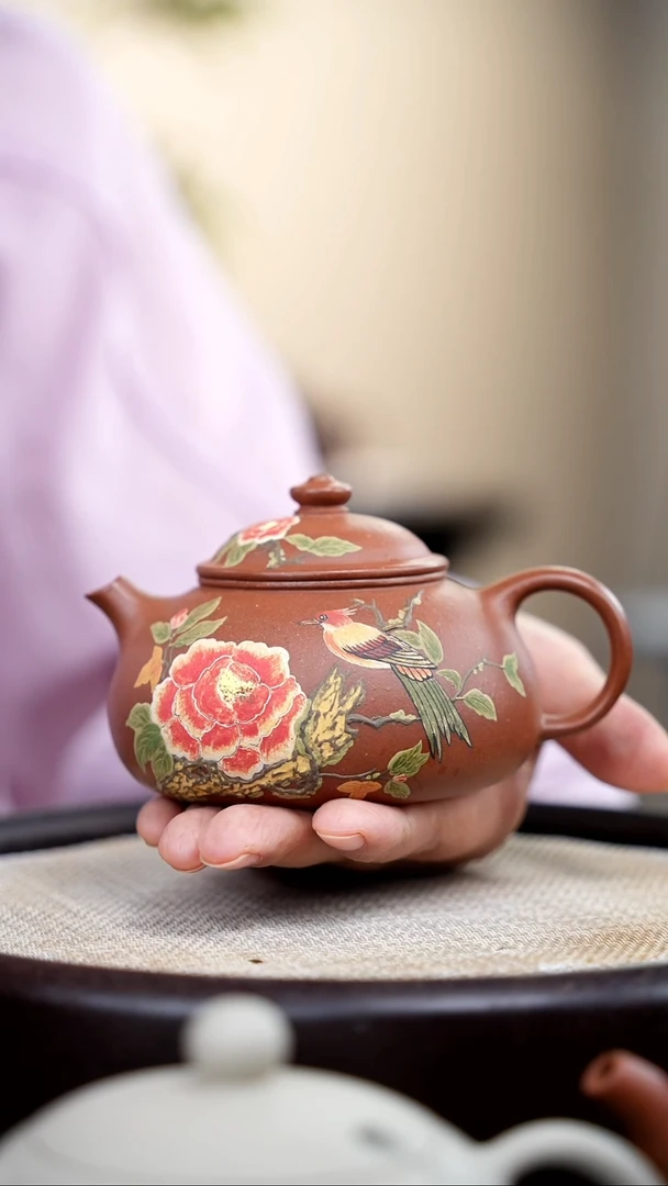 【闪购商品】紫砂茶壶降坡泥寒江泥绘花鸟