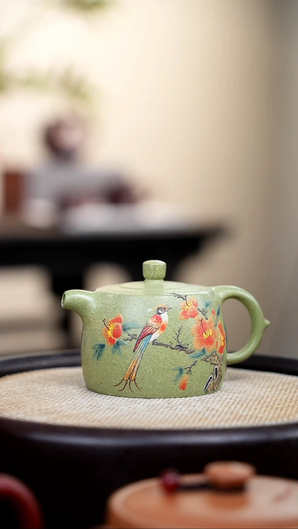 【闪购商品】紫砂茶壶豆青砂井栏泥绘花鸟