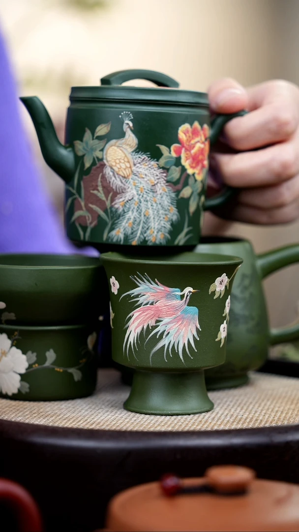 【闪购商品】紫砂茶壶民国绿高汉瓦泥绘孔雀+杯+茶漏+公道杯