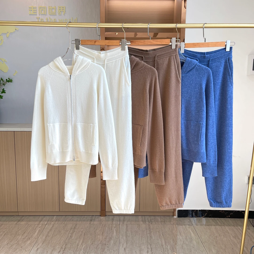 L~P羊绒套装 老钱风极简针织拉链连帽套装 渠道货0077红人上新