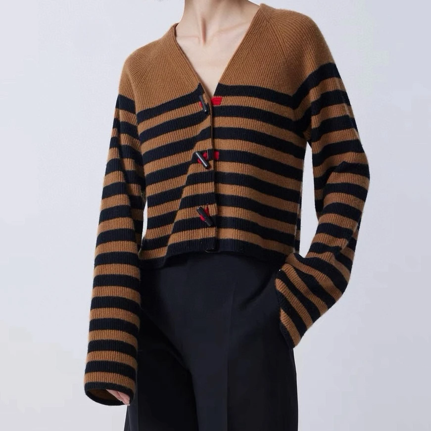 鄂~柜上3690＋美拉德牛角扣开衫 V领条纹羊绒针织开衫外套00888