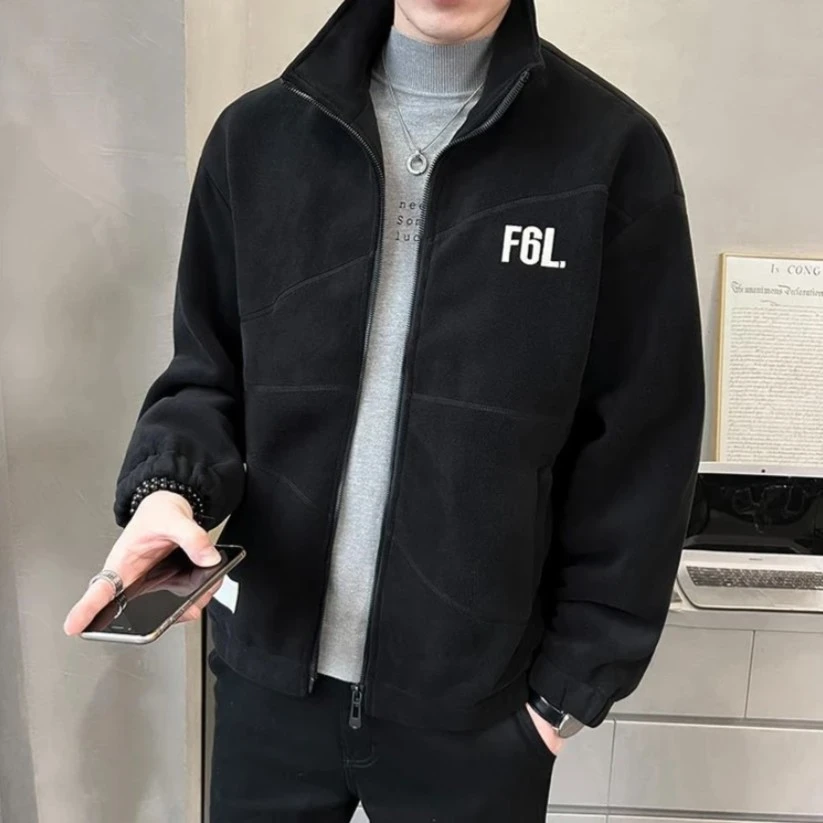 春季新款颗粒绒加厚外套立领宽松休闲时尚男士运动字母外套860
