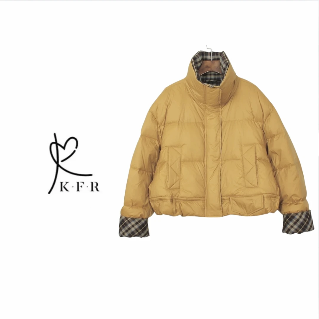 【冬季新款】韩版时尚复古设计感立领撞色格子羽绒服外套 KFR-G22#