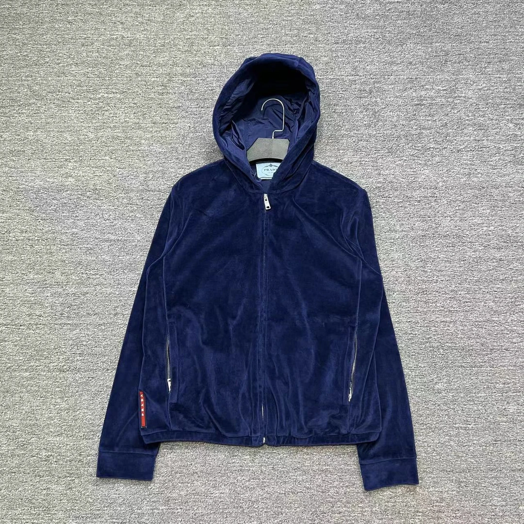 Prada/普拉达蓝色胶条logo丝绒拉链外套/L/99新
