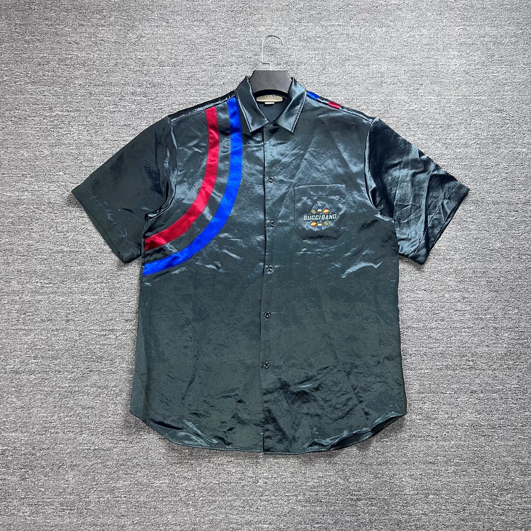 95新 GUCCI/古驰 国旗丝绸短袖衬衫/50码