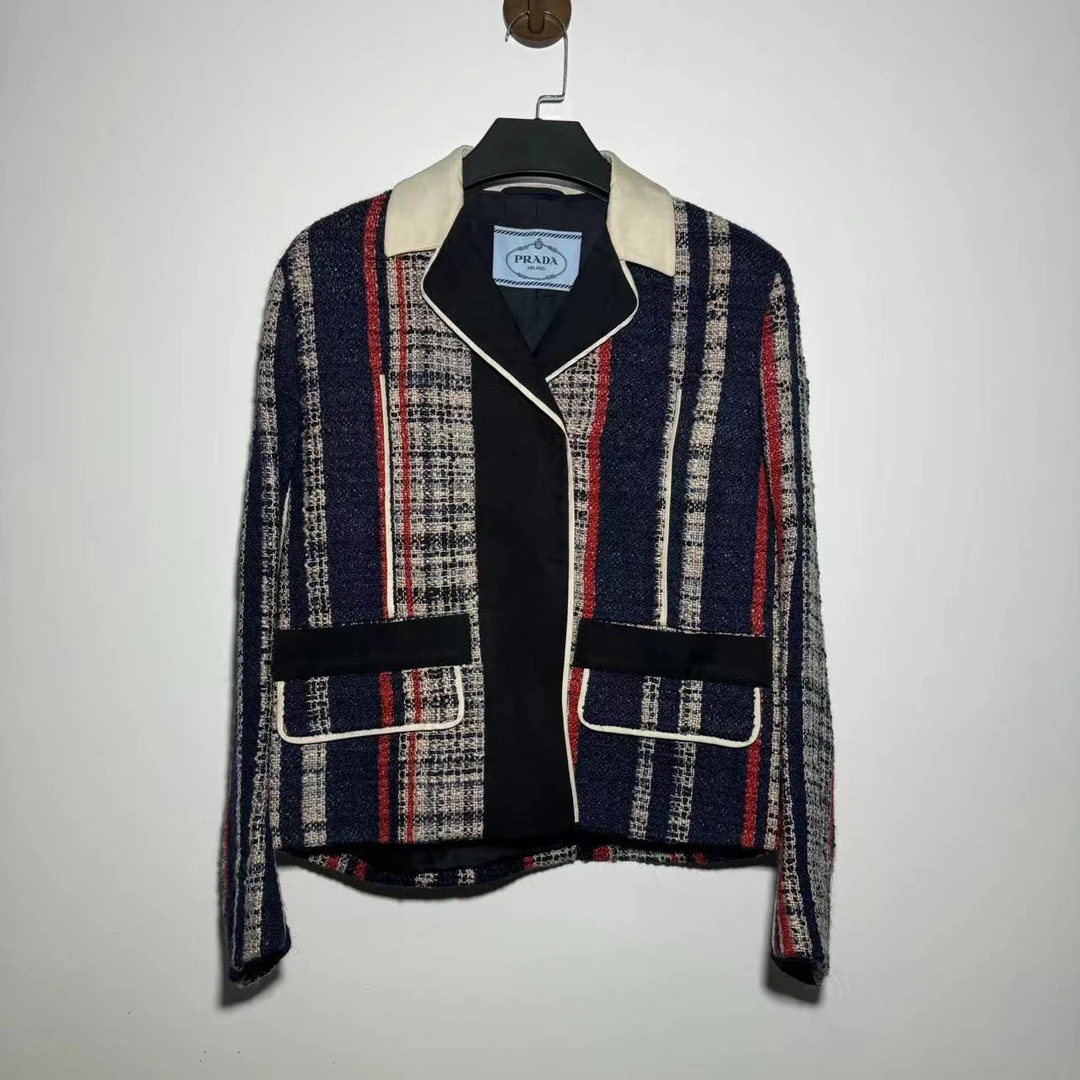 全新未使用 Prada/普拉达 条纹粗花呢拼接小香风外套/38码