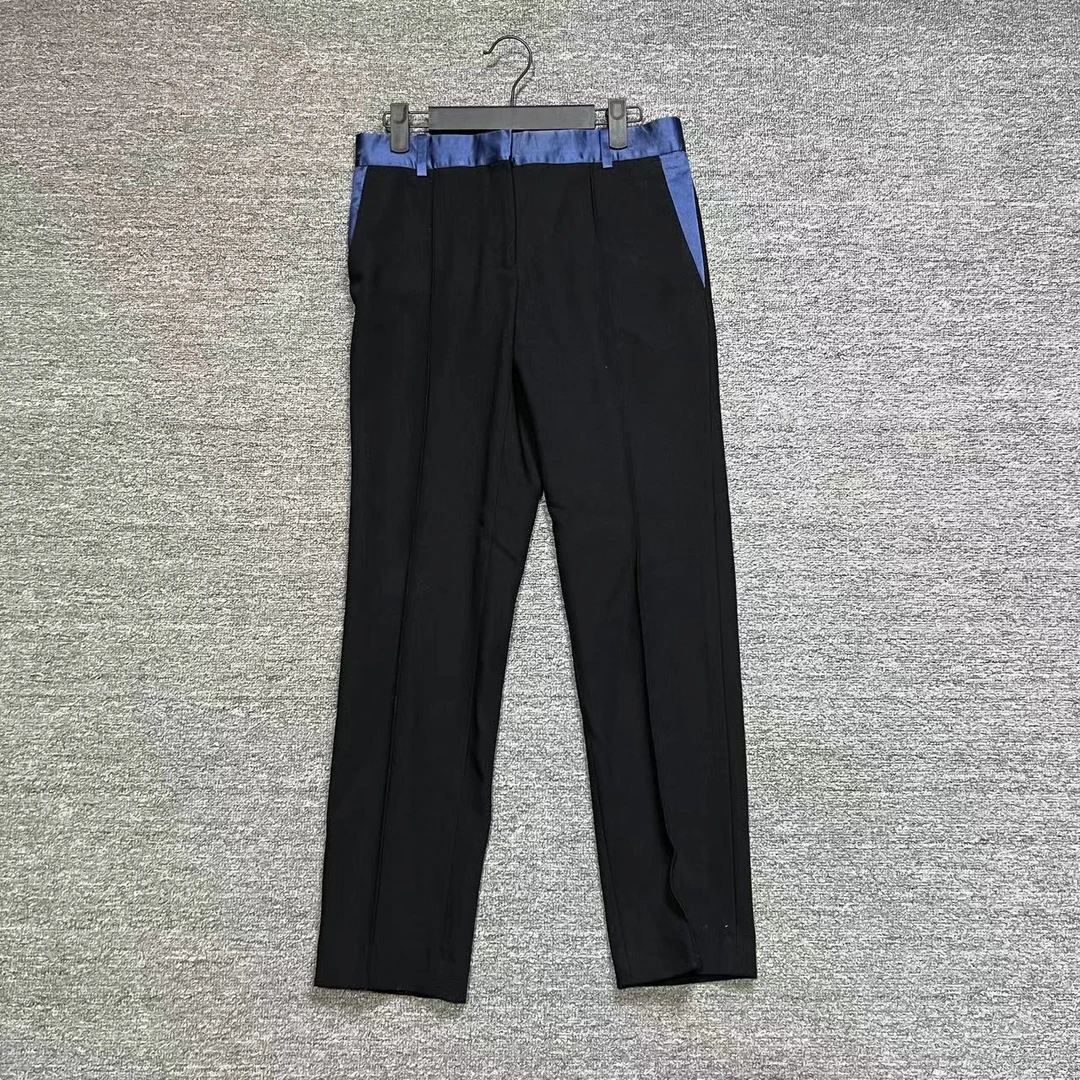 90新 Celine/思琳 蓝色丝绸拼接西裤/34码