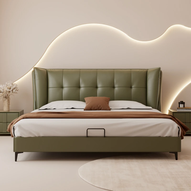 网红皮艺床现代简约婚床双人床奶油风轻奢静音主卧实木床创意简单