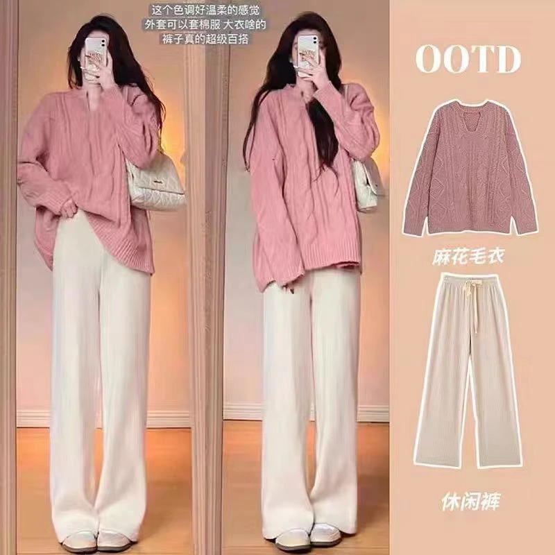 mulisha/穆丽莎温柔风甜美V领毛衣女软糯高级感针织阔腿裤套装