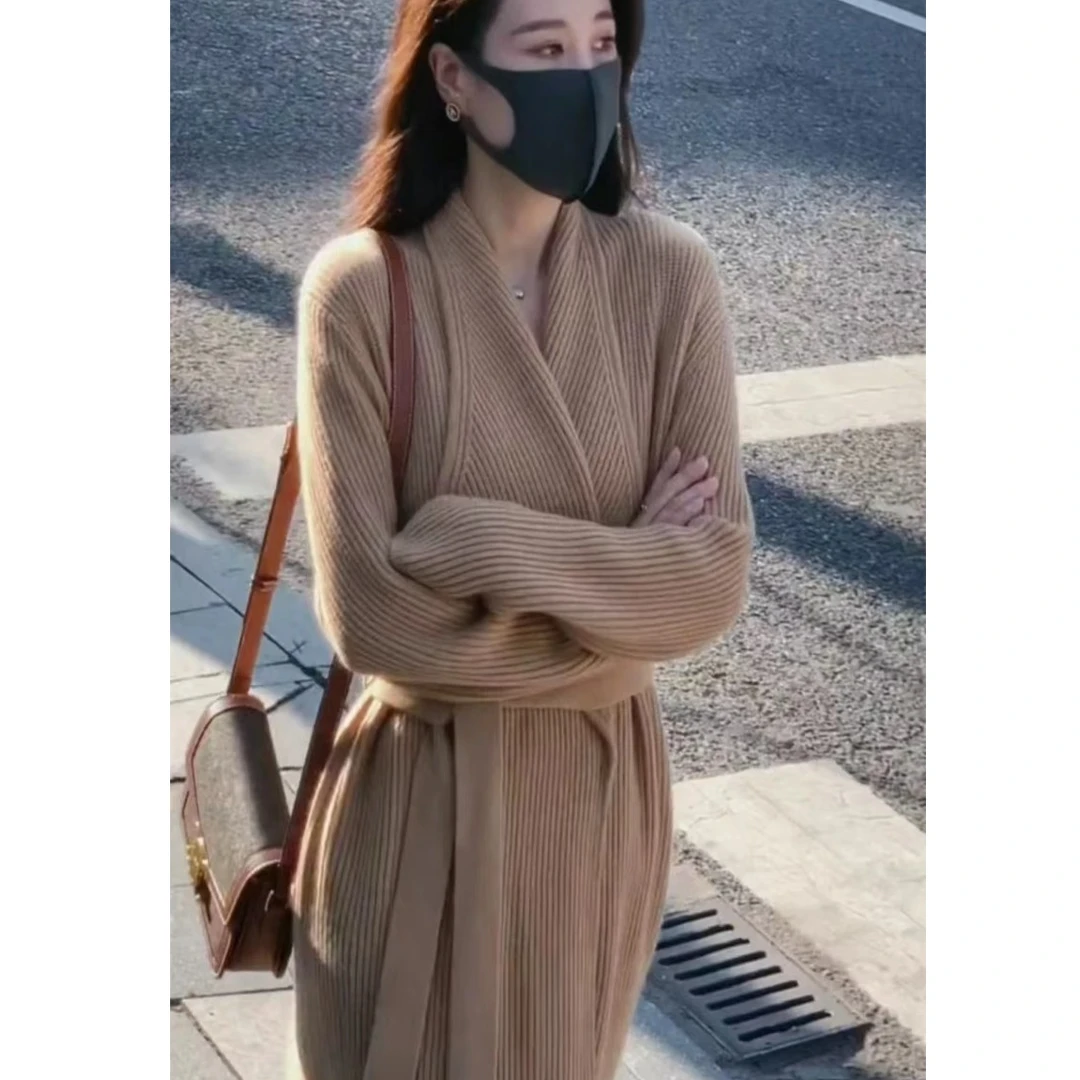 法式翻领长款过膝毛衣大衣外套女高级感气质系带设计宽松针织开衫