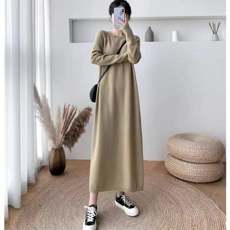 mulisha/穆丽莎加厚秋冬季新款胖MM长款宽松打底毛衣针织连衣裙