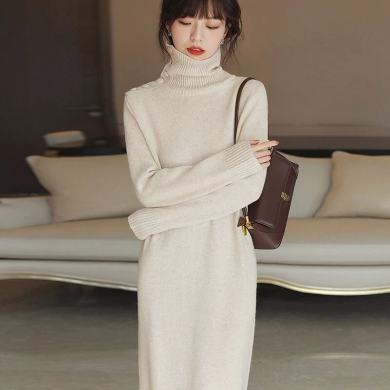 mulisha/穆丽莎高级感配大衣针织连衣裙女加厚内搭高领毛衣打底衫