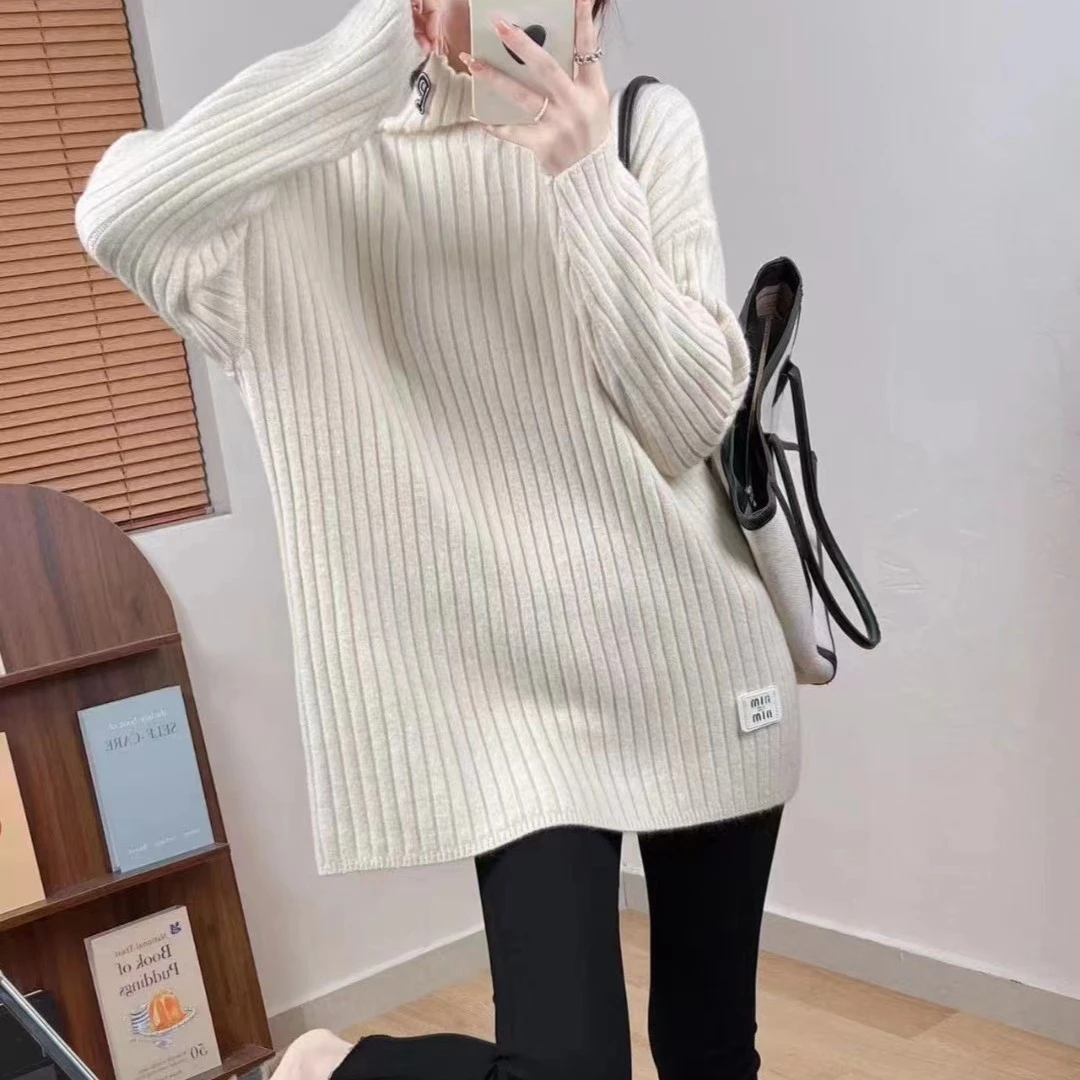 mulisha/穆丽莎高领套头毛衣女2023秋冬新款宽松针织衫坑条打底衫