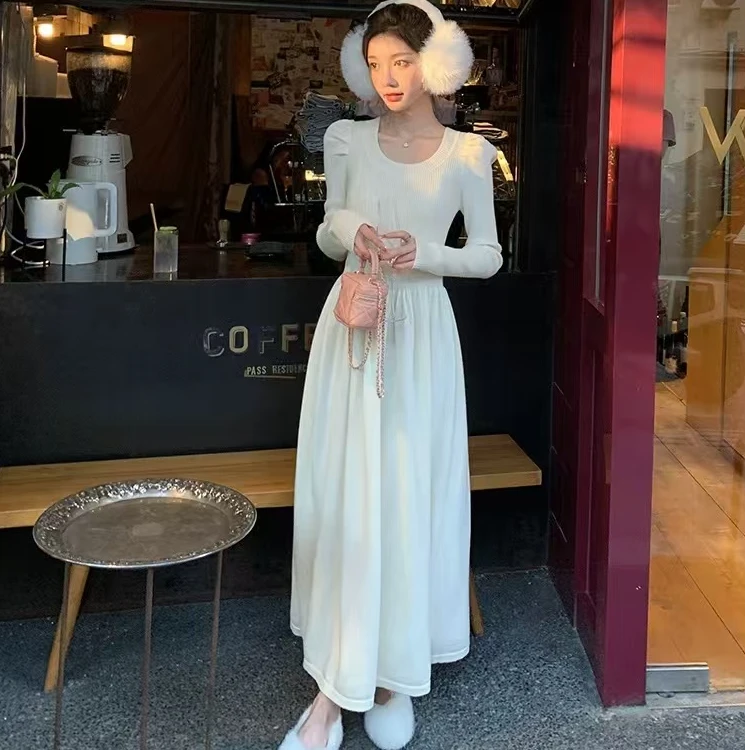 mulisha/穆丽莎秋冬配大衣针织连衣裙女法式温柔风内搭打底长裙子