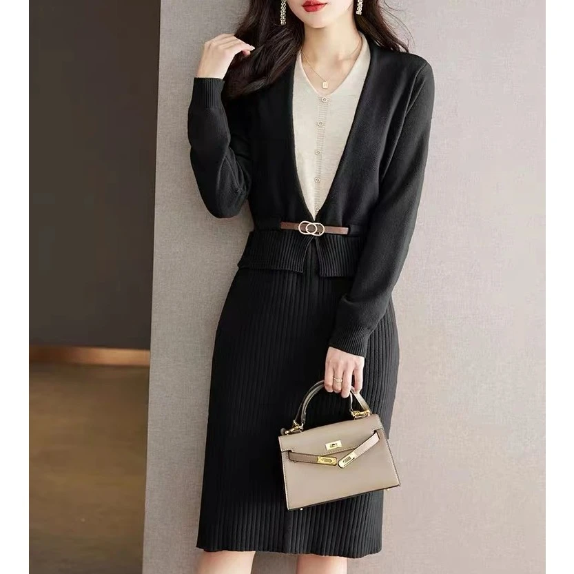 假两件针织连衣裙春秋2023新款气质女神范高级感收腰显瘦打底裙子