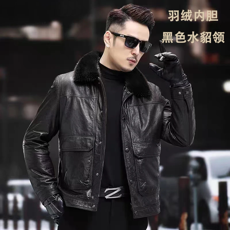 海宁真皮皮衣 头层牛皮 男士翻领夹克外套可拆卸羽绒内胆水貂毛领