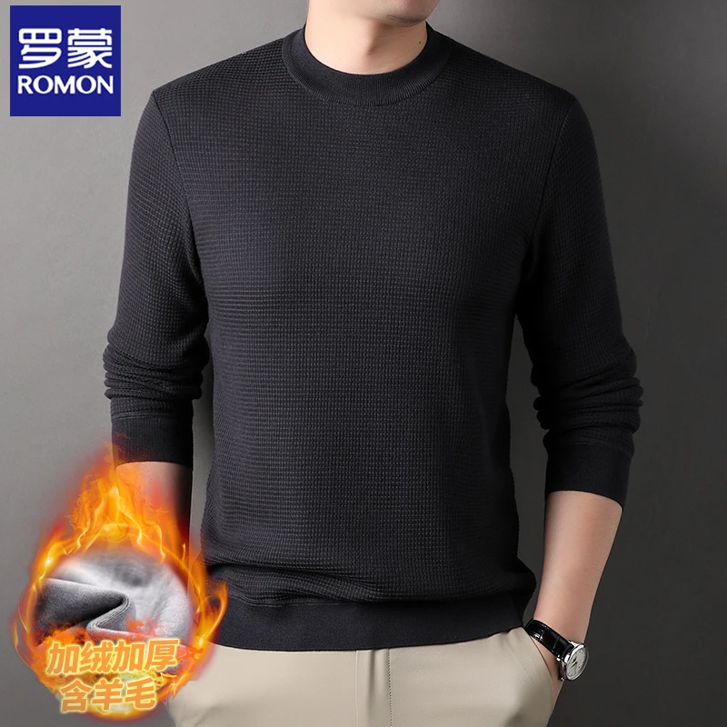 罗蒙男士秋冬新款加绒含羊毛纯色针织T恤衫中年圆领打底上衣潮