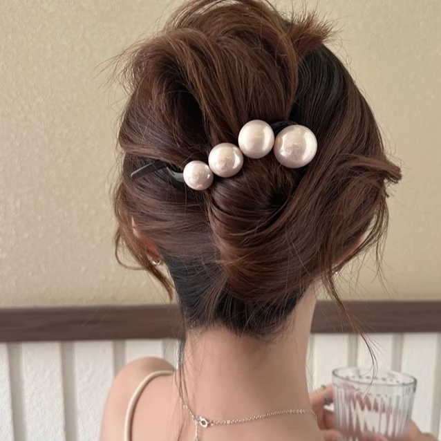 简约大号珍珠一字发夹女2024新款后脑勺高级感抓夹扭扭夹气质头饰