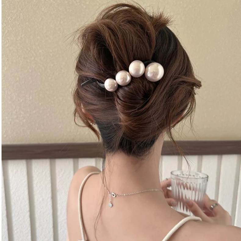 简约大号珍珠一字发夹女2024新款后脑勺高级感抓夹扭扭夹气质头饰