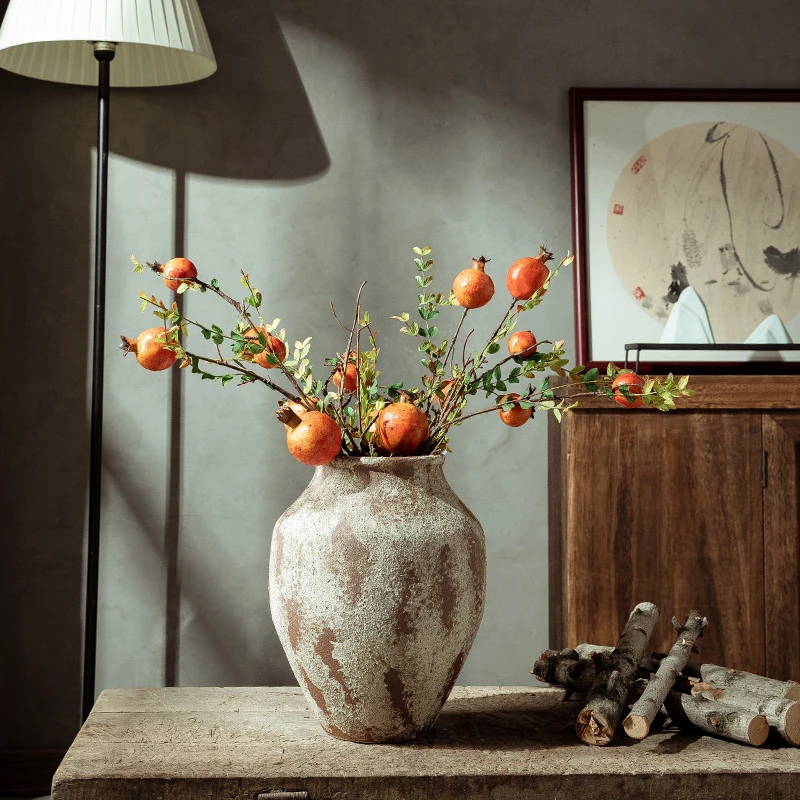 景德镇陶瓷花瓶加仿真花日式侘寂风摆件素陶陶罐复古客厅餐桌插花