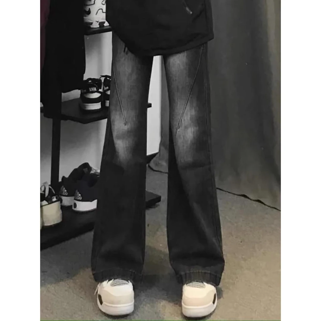 暗黑色微喇牛仔裤磨白做旧复古男女显瘦显高休闲长裤男士百搭潮流