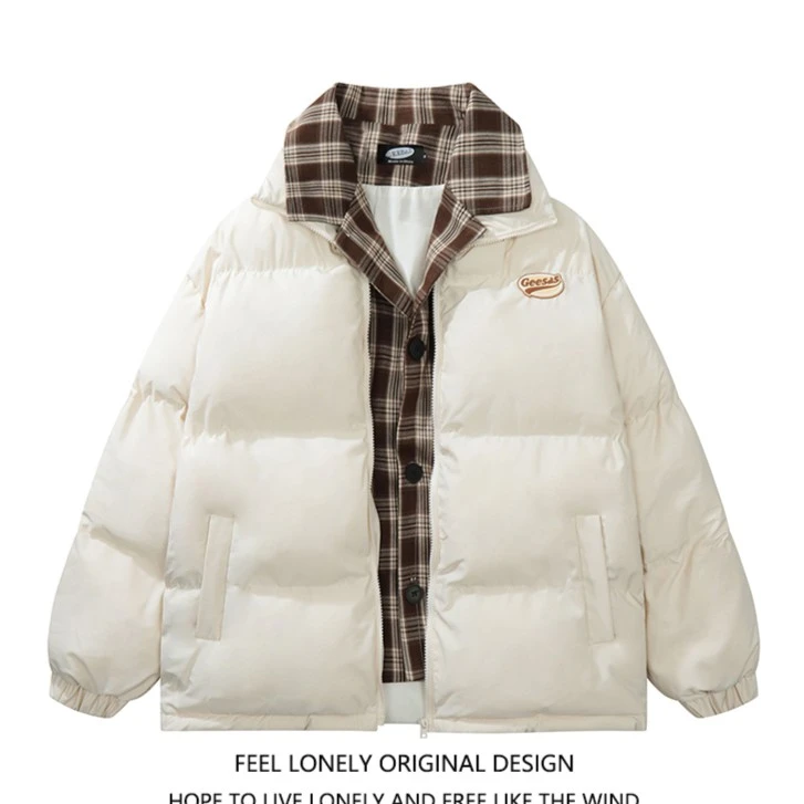 宽松港风韩版百搭拼接设计感假两件棉服男女冬季加厚情侣保暖外套