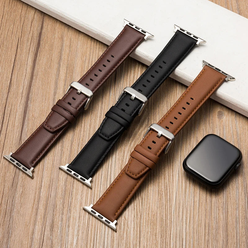 适用苹果iwatch8手表S9表带Ultra2牛皮apple皮革watch真皮S7/6/SE