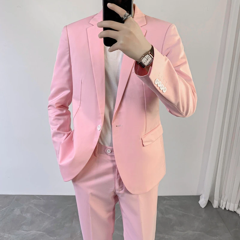 2025年商务修身粉红色小西装外套两件套痞帅西服主持人舞台礼服男