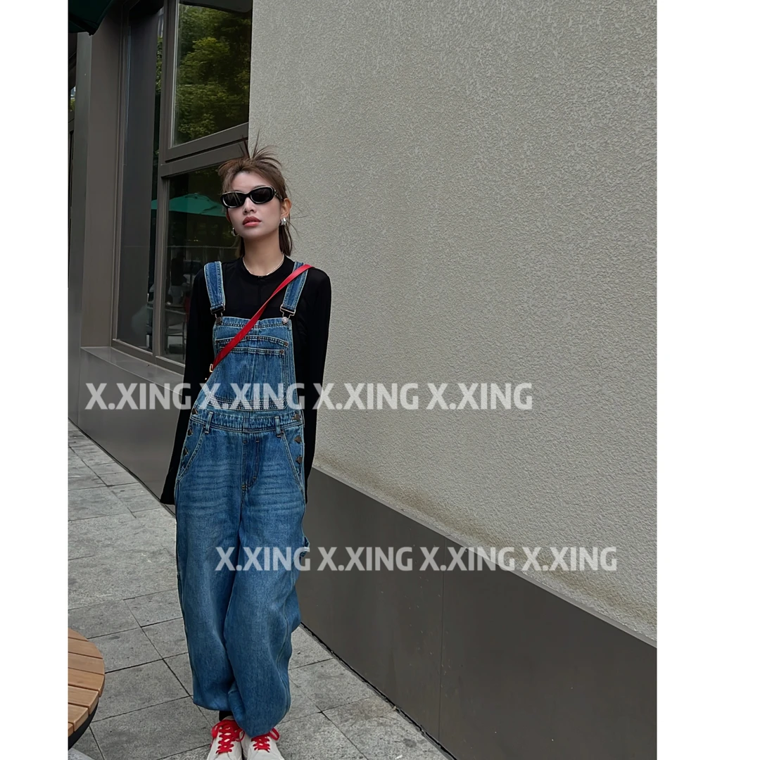 Xx.牛仔背带裤女新款直筒减龄美式高腰长裤子C03-7111