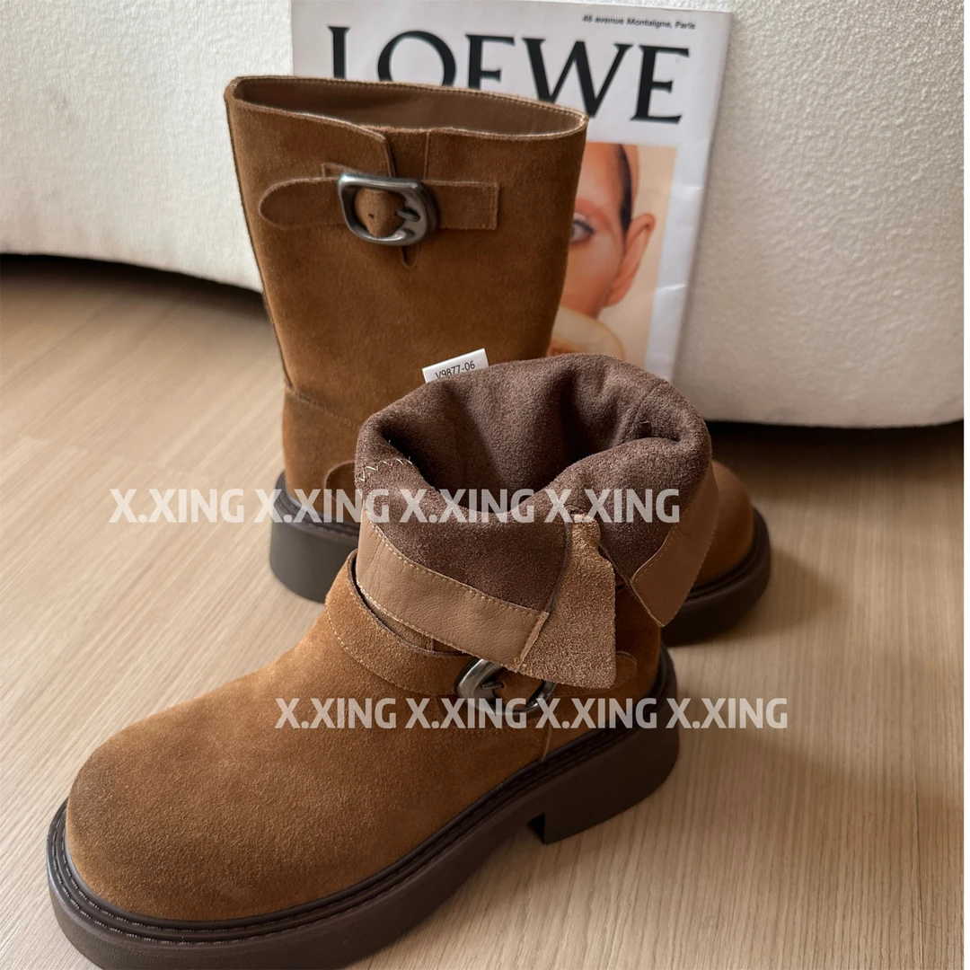 X.x.西部牛仔靴厚底马丁靴女英伦风机车中筒短靴子C17-9877-06