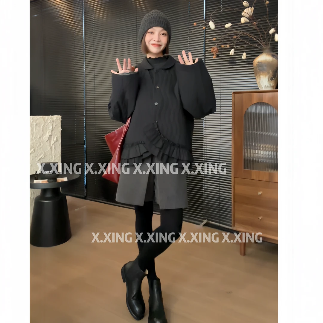 X.x.冬季新款休闲显瘦荷叶边棉服时尚长袖上衣夹棉外套C31-2200