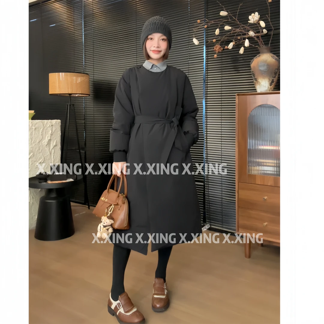 X.x.韩系减龄极简风中长款羽绒外套时尚设计感圆领羽绒服C32-1938