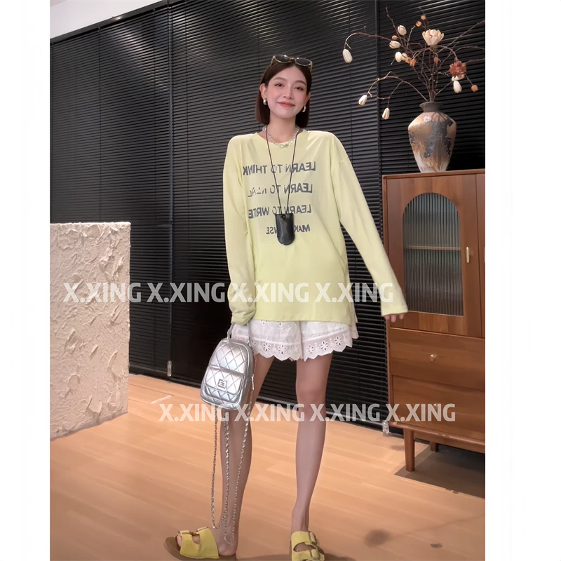 X.x.2024夏季新品重工字母印花长袖气质显瘦百搭韩版T恤女85267