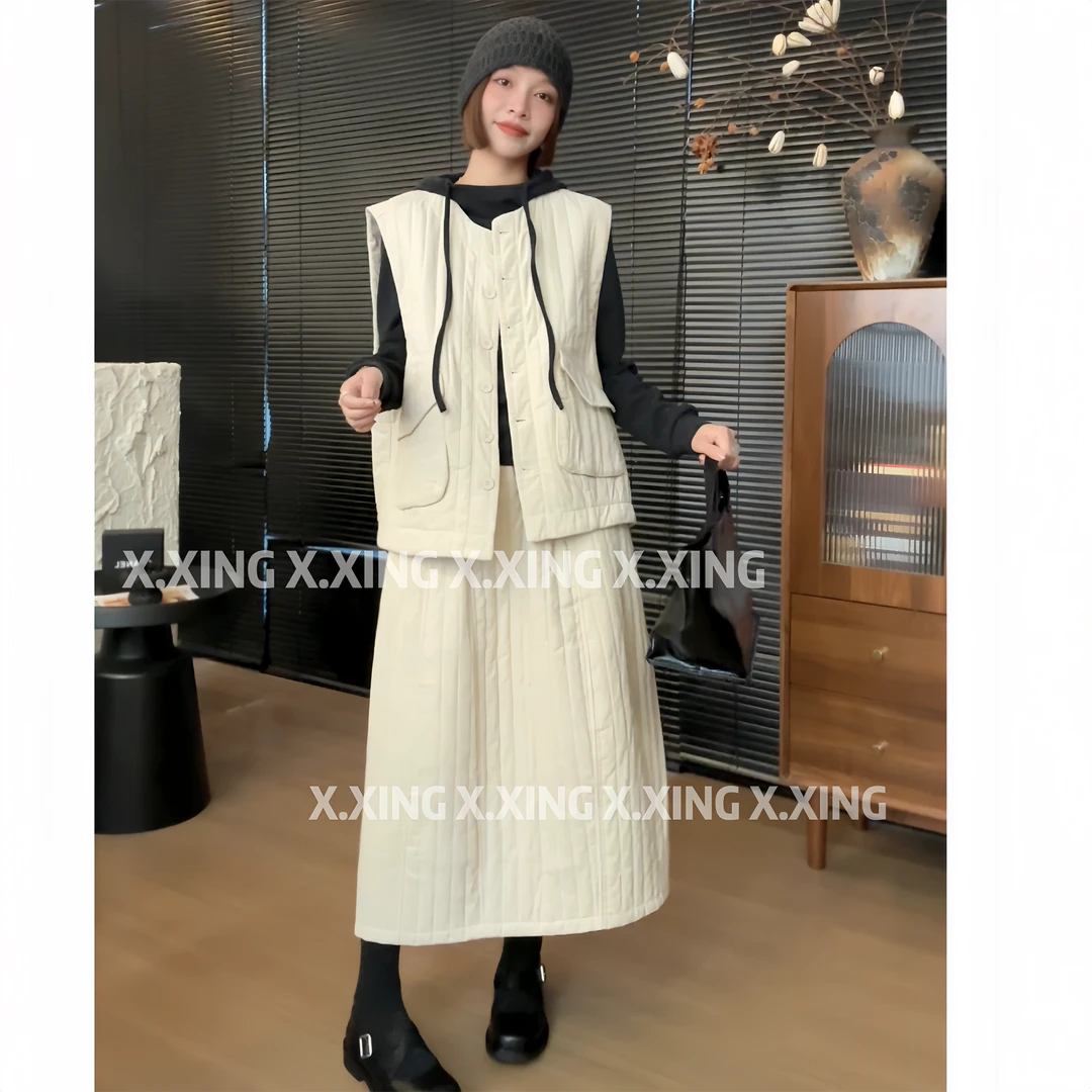 X.x.秋冬新款欧韩货阔版薄棉马甲高腰半身裙时尚两件套C31-2225