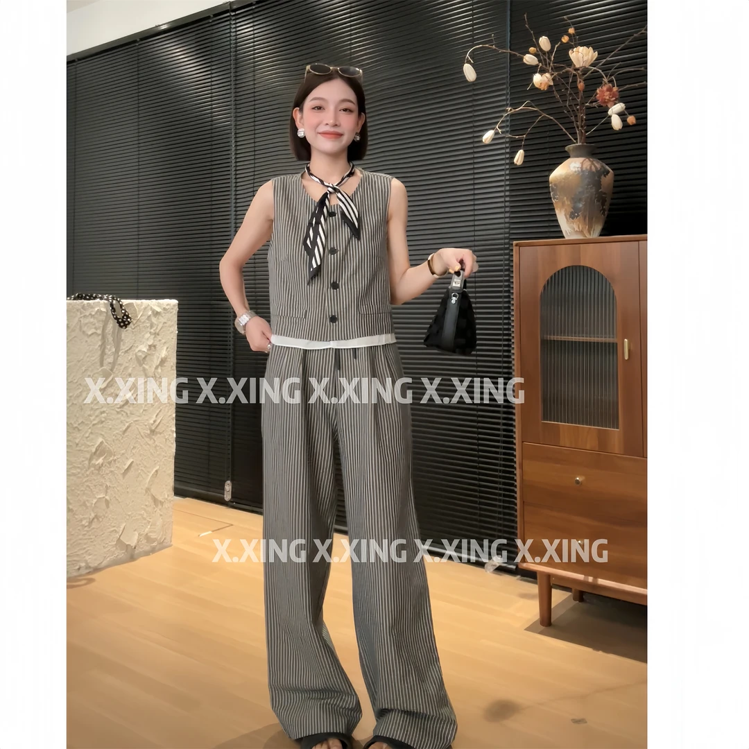 X.x.条纹时尚套装女夏季韩系无袖马甲直筒阔腿裤两件套C33-912