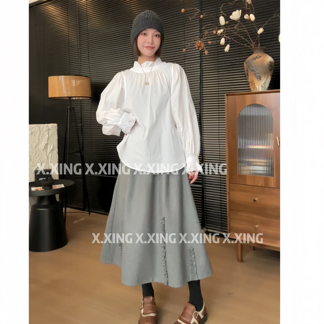 X.x.法式木耳边长袖衬衫女简约气质衬衣时尚宽松上衣C31-2256